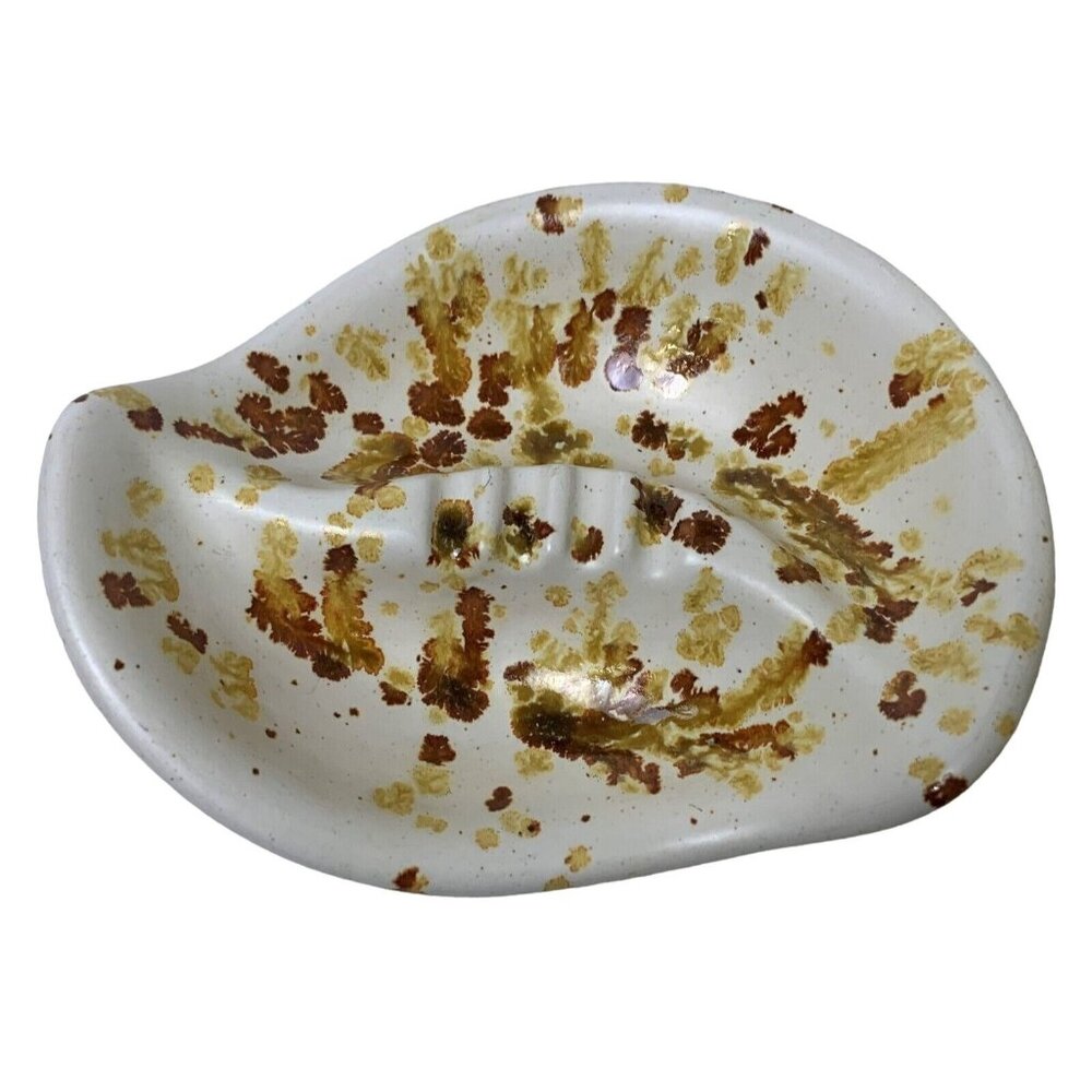 Vintage Handcrafted Ceramic Ashtray Splatter Glaze Brown Gold Earthy 4 Notches